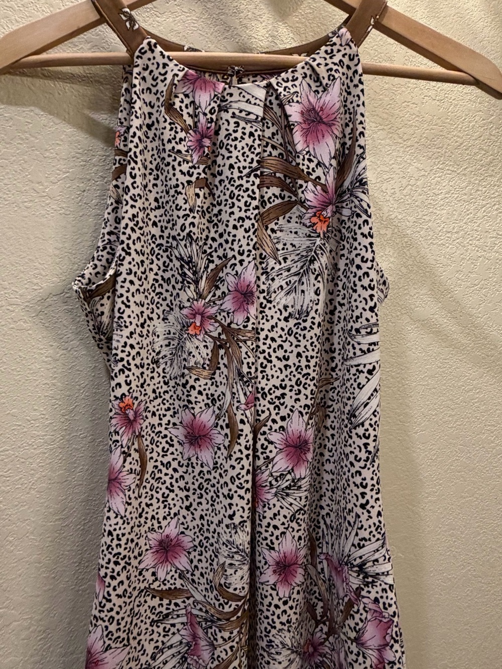 White House Black Market Beige Floral & Leopard Halter Cami with Pink Accents
